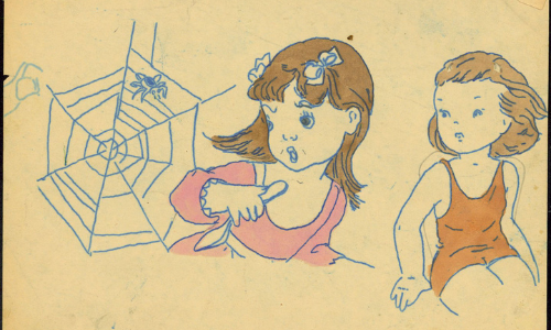 Drawing of two young girls, one in pink and one in orange, looking over their shoulders to see a spider web on the left