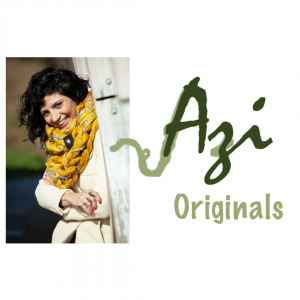 Graphic with a photo of a woman wearing a yellow scarf with "Azi Originals" written on the right-hand side