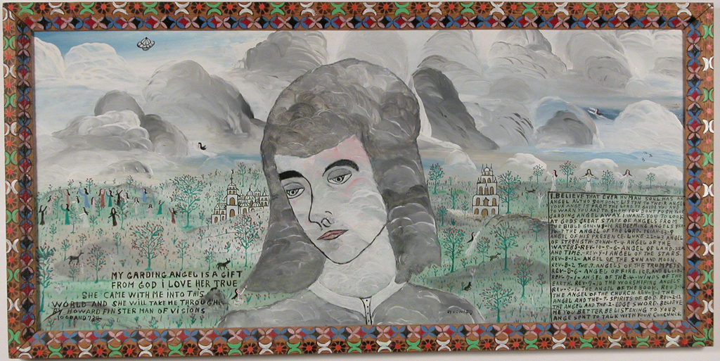 Painting featuring a girl with short dark hair looking down to her left, a town in a mountainous landscape is in the distance with text at the bottom corners