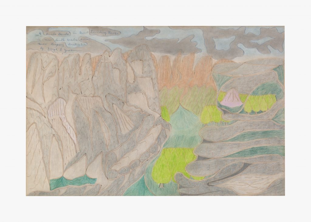 Drawing of a mountainous landscape with bright green trees in the center of the composition