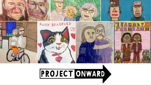 Collage of seven portraits by Project Onward artists above the Project Onward logo against a white background