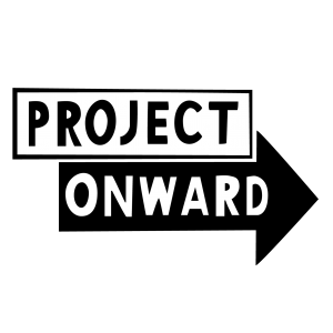 Project Onward in black and white text, "onward" written in a black arrow