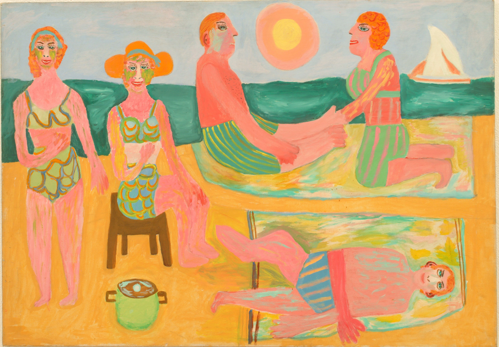 Five people wearing blue-green swimsuits lounge at the beach, a boat is in the ocean in the background