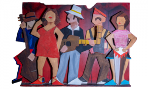 Painting of five figures in colorful clothing and hats, with instruments and a microphone, set on a red background