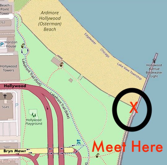 Graphic of a map of Osterman Beach with a red X, black circle and "meet here" in red text, marking the meeting spot near the Hollywood Avenue Breakwater Light