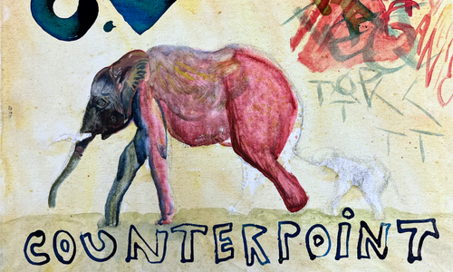 Mixed media piece with big, blue letters "Counterpoint" at the bottom; a gray, blue and red elephant at the center of the composition; red letters and swatches of color in the top right corner
