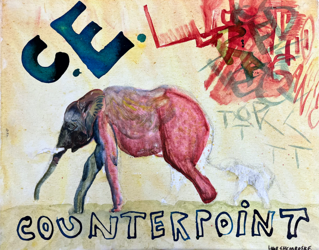 Mixed media piece with big, blue letters "C.E." at the top and "Counterpoint" at the bottom; a gray, blue and red elephant at the center of the composition; red letters and swatches of color in the top right corner