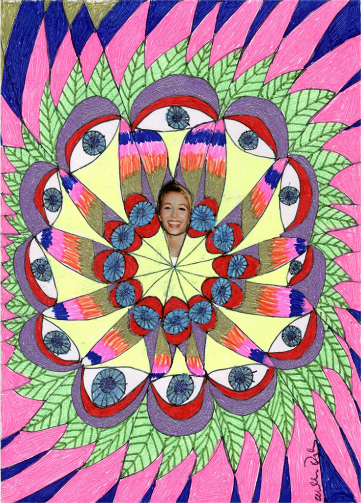 Kaleidoscopic drawing with the head of a woman at the center with blue circles, eyes, green leaves, and pink and blue blocks of color spiraling outward