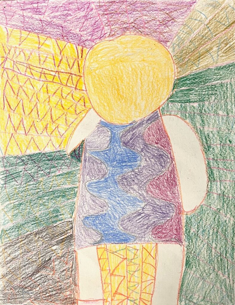 A central figure, referred to as a "babydoll" by Veronica Cuculich, comprising a yellow, circular head attached to a multi-color body, surrounded by rays or sections of colors: yellow, pink, red and greens