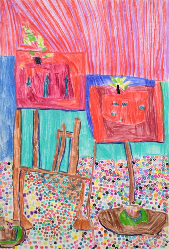 Image of a scene with orange and pink stripes at the top of the composition, dark and light blue blocks of color in the middle of the composition, and colorful dots at the bottom of the composition. In the foreground, there are stands or easels with red and pink rectangles atop with blue and yellow elements.