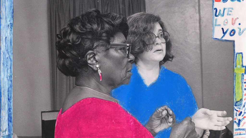 Black and white photograph, with added color, of Nellie Mae Rowe, in pink, and Judith Alexander, in blue