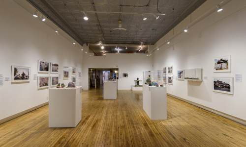 Installation photo of the exhibition "Ted Degener: At Home with Artists" in the museum's front gallery space